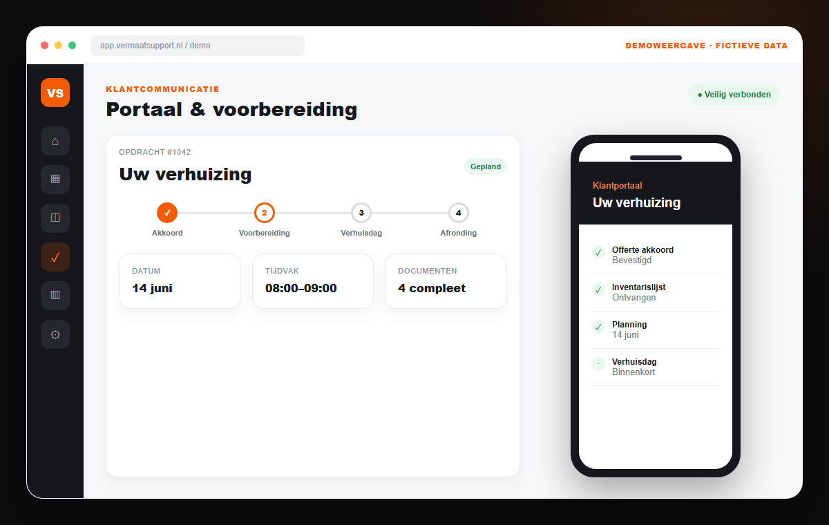 Fictional demo view of the customer portal with scheduling and preparation